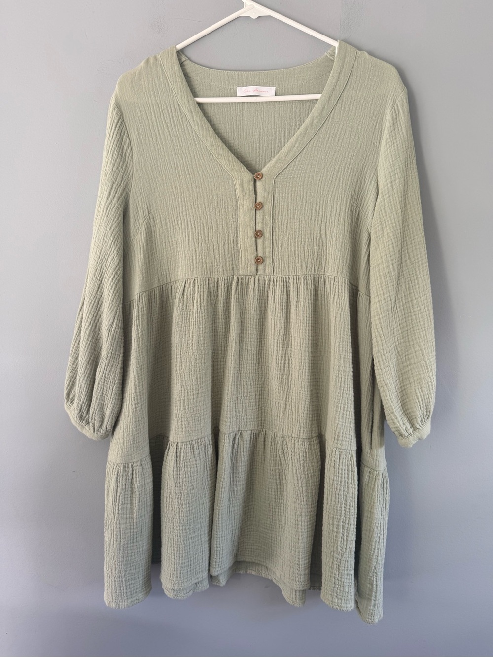 Ces Femme sage green bubble cotton gauze tiered babydoll mini dress. Sz small